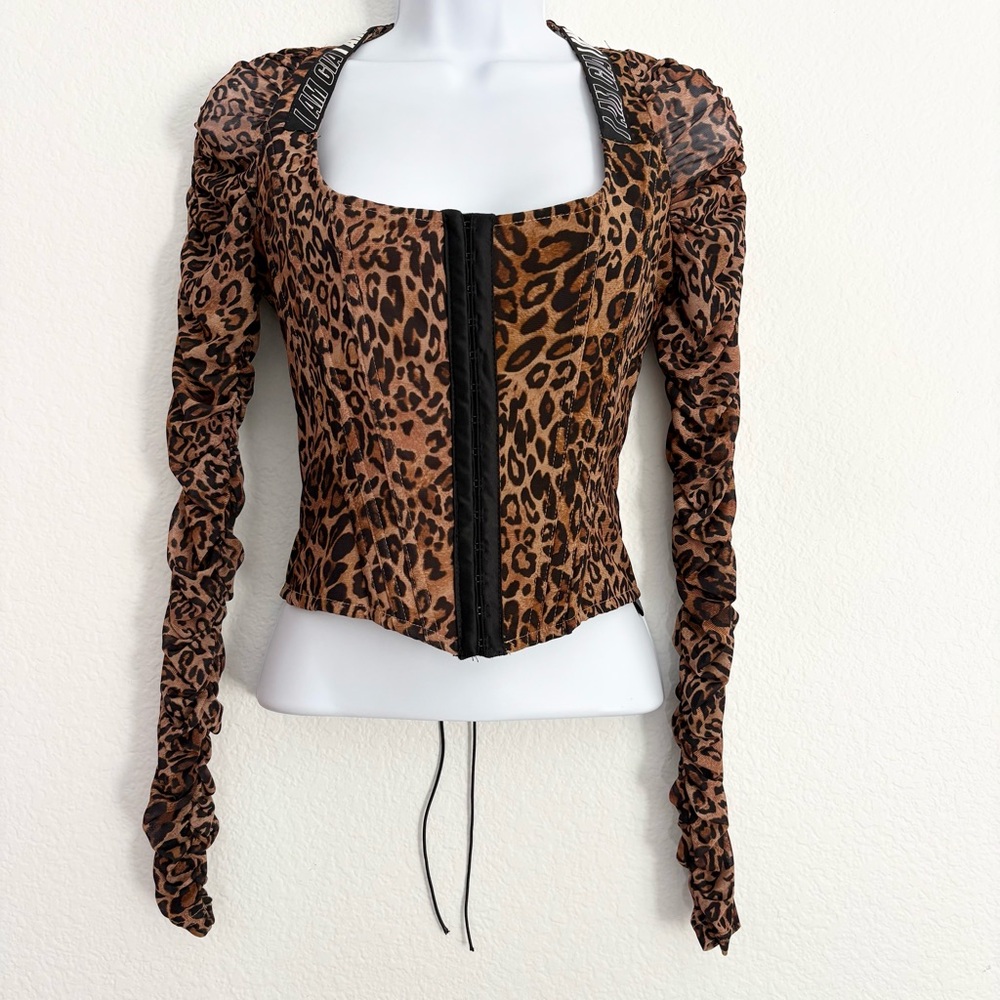 I Am Gia Long Sleeve Animal Print Ruched Long Sleeve Corset Top Small Mob Wife
